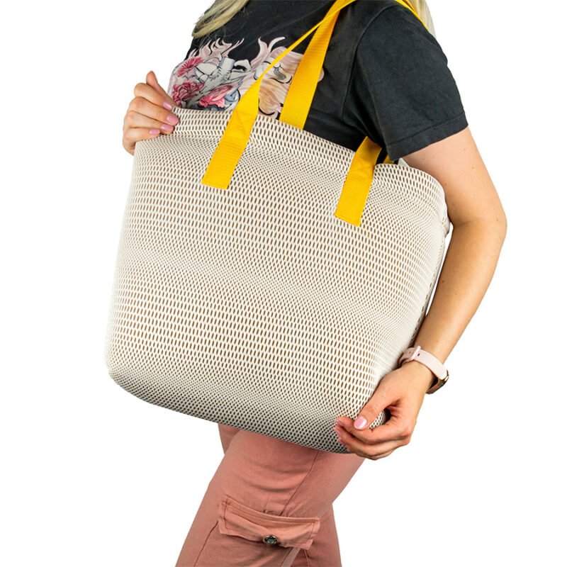 Damska torba na zakupy i plażę w kolorze beżowym z żółtymi uchwytami 45x33 cm