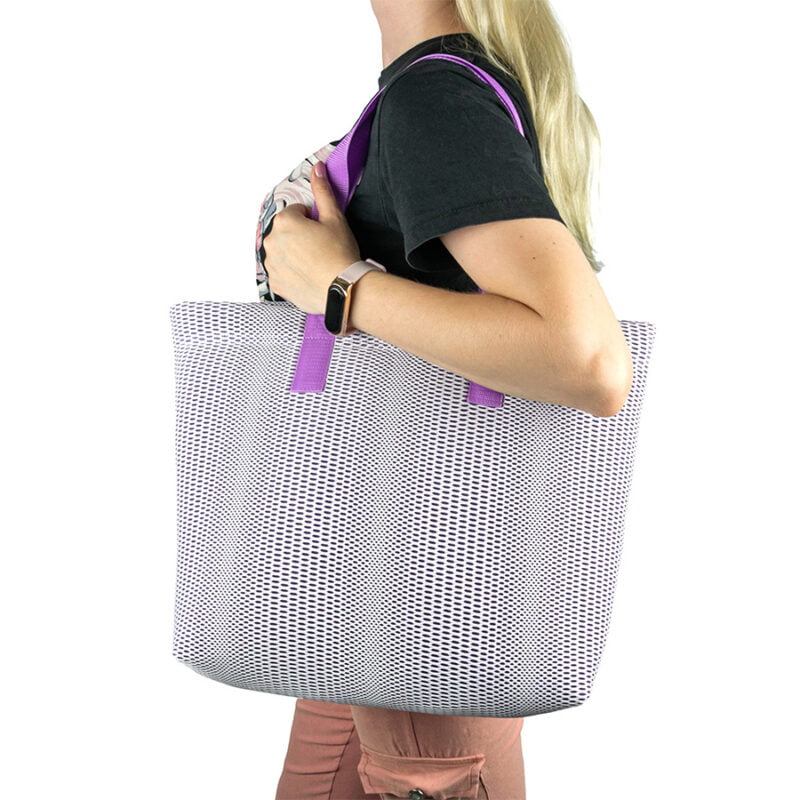 Modna torba na plażę i zakupy fioletowa z fioletowymi uchwytami i kieszonką na telefon 45x33 cm