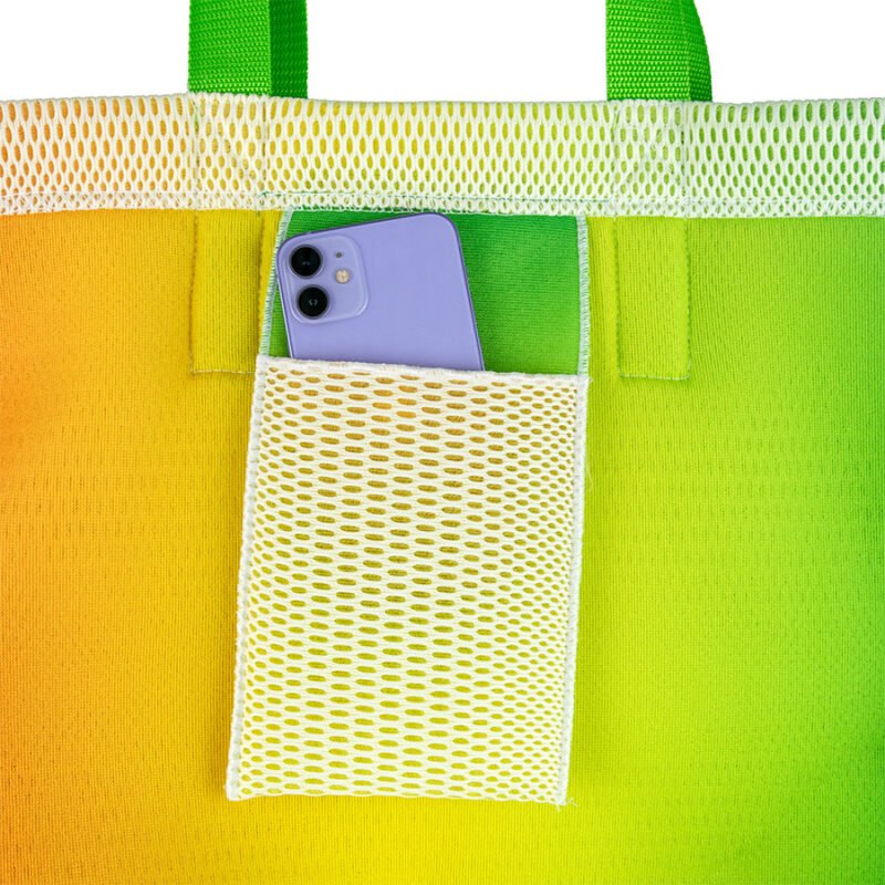 Ekologiczna torba na zakupy w kolorach zieleni i pomarańczy z kieszonką - zbliżenie