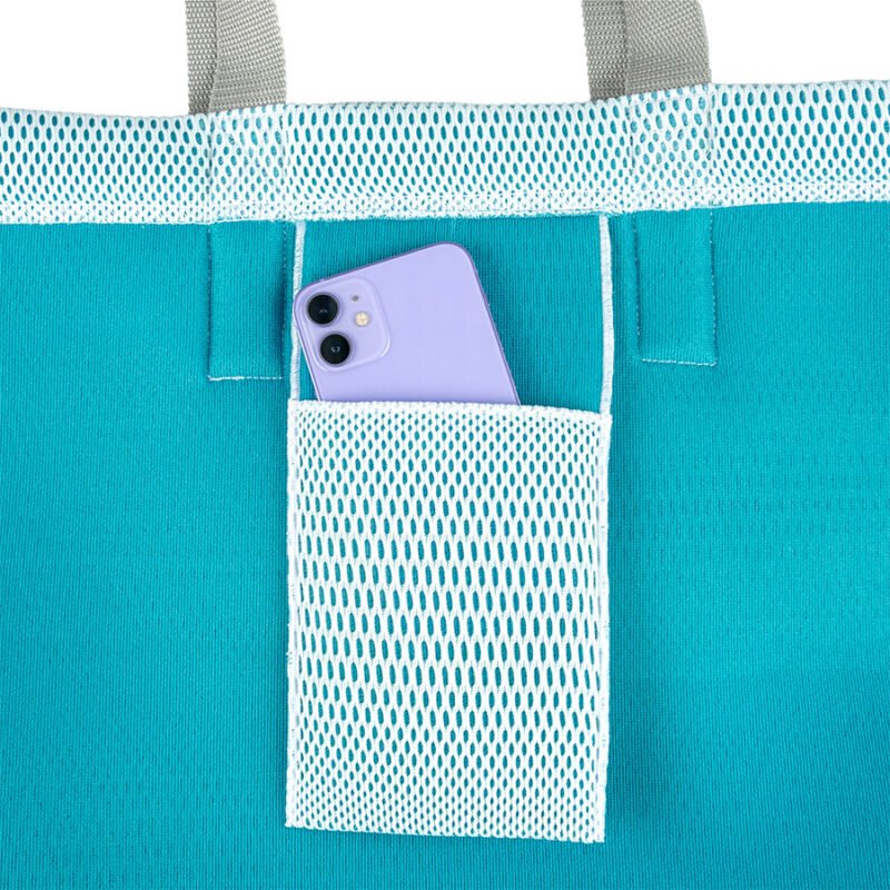 Błękitna torba plażowa z łatwym dostępem do telefonu 45x33 cm - zbliżenie