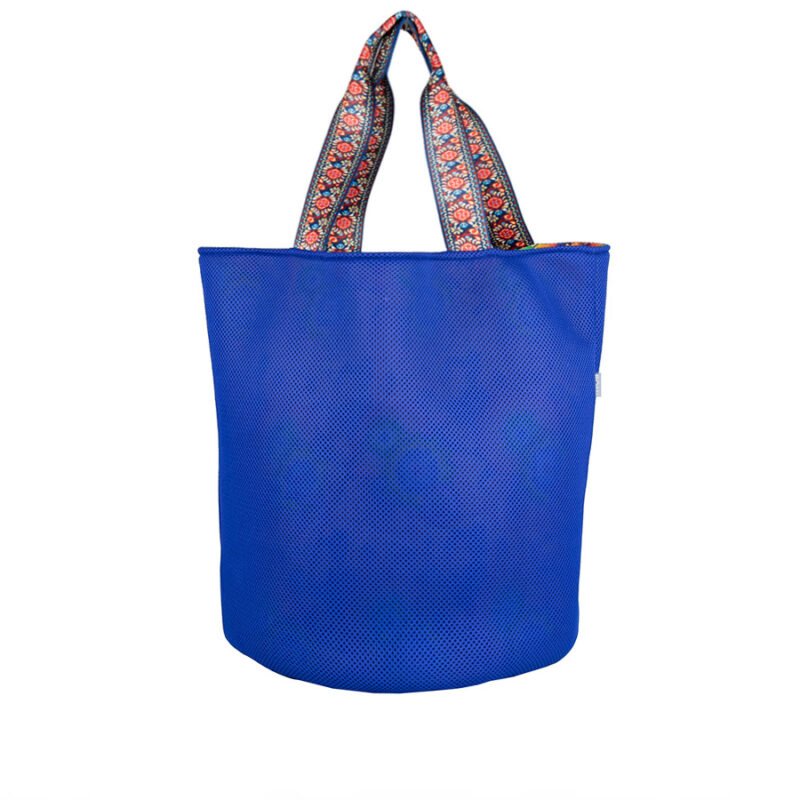 Duża torba shopper XXL niebieska z wnętrzem w kolorowe kwiaty 72x40 cm